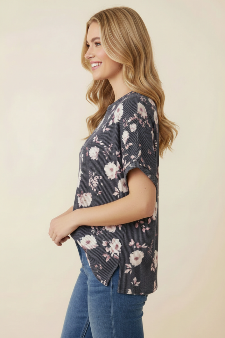 PLUS SIZE FLORAL URBAN RIBBED DROP SHOULDER TOP-HMET7864
