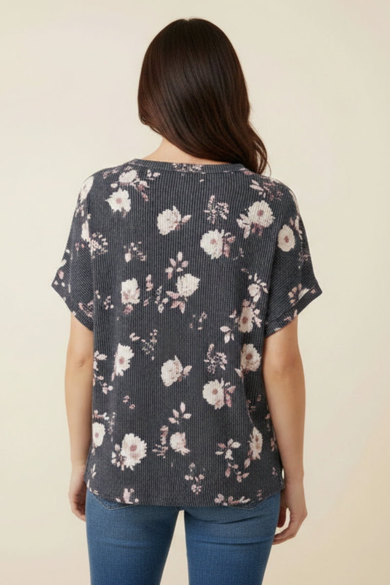 FLORAL URBAN RIBBED DROP SHOULDER TOP HMET7864