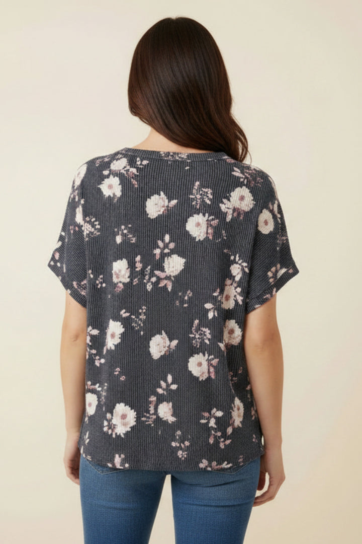 FLORAL URBAN RIBBED DROP SHOULDER TOP HMET7864