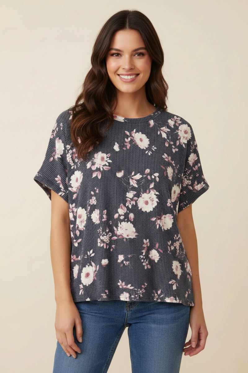 FLORAL URBAN RIBBED DROP SHOULDER TOP HMET7864
