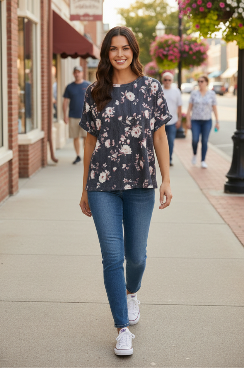 FLORAL URBAN RIBBED DROP SHOULDER TOP HMET7864