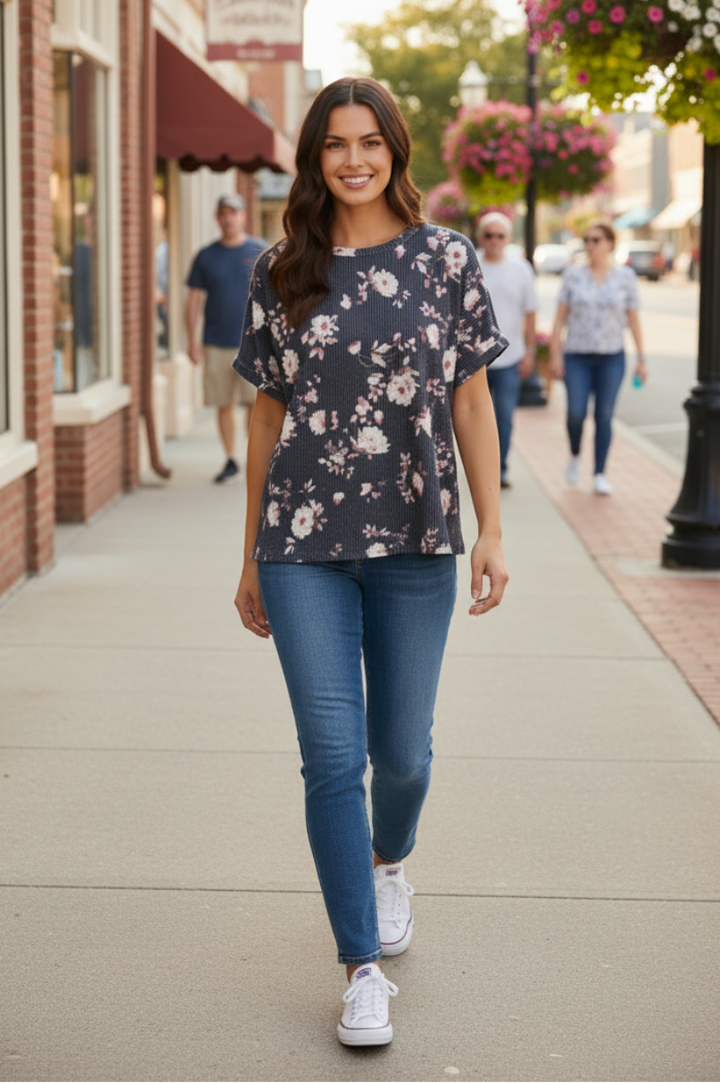 FLORAL URBAN RIBBED DROP SHOULDER TOP HMET7864