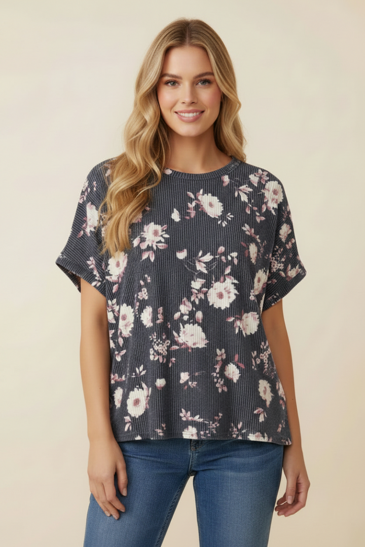 PLUS SIZE FLORAL URBAN RIBBED DROP SHOULDER TOP-HMET7864