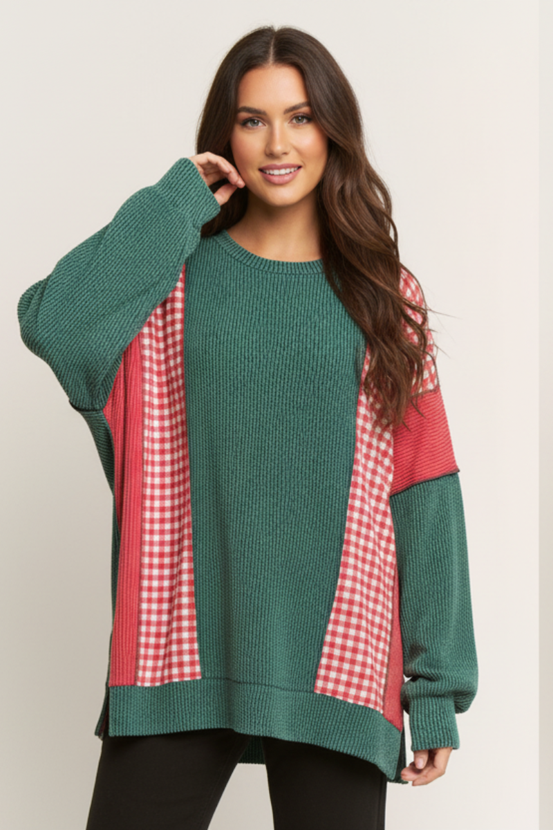 ROUND NECK URBAN RIB PLAID CONTRAST TOP HMET7988