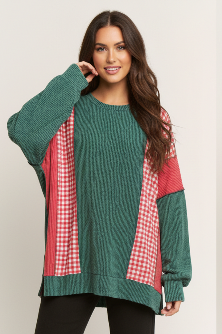 ROUND NECK URBAN RIB PLAID CONTRAST TOP HMET7988