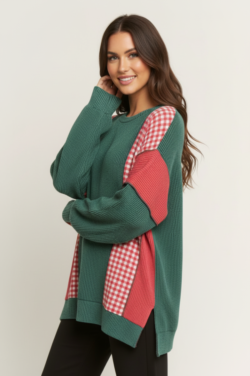 ROUND NECK URBAN RIB PLAID CONTRAST TOP HMET7988