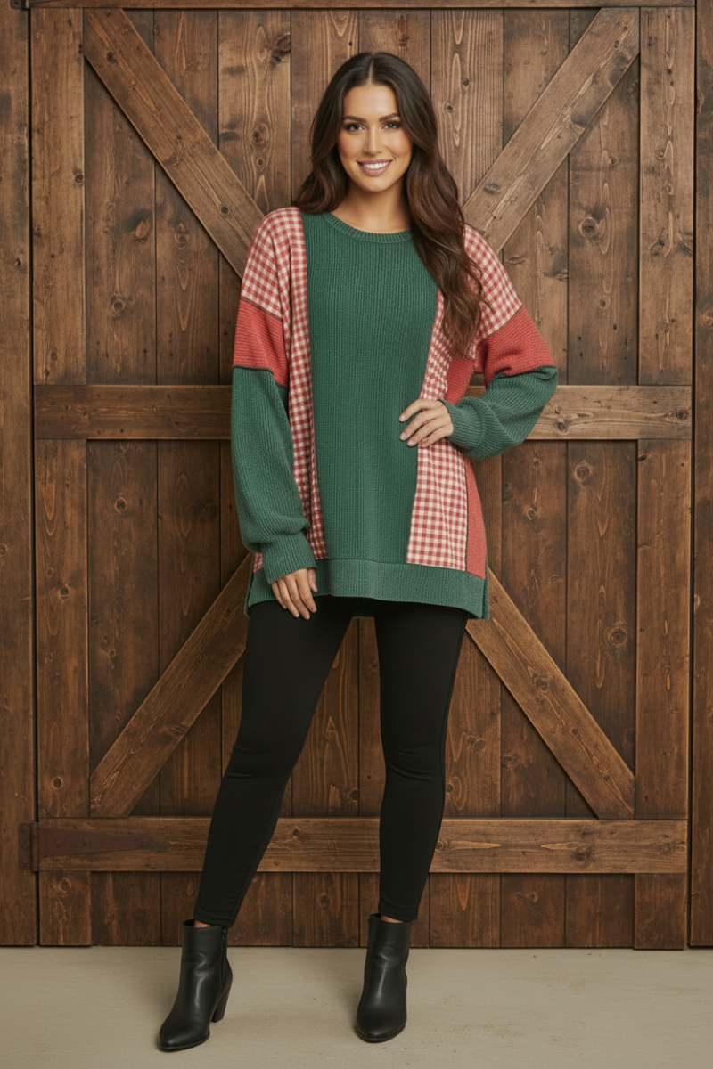 ROUND NECK URBAN RIB PLAID CONTRAST TOP HMET7988