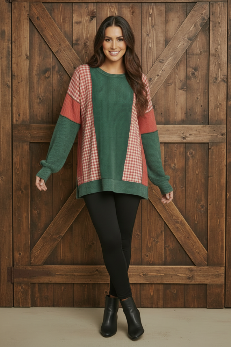 ROUND NECK URBAN RIB PLAID CONTRAST TOP HMET7988