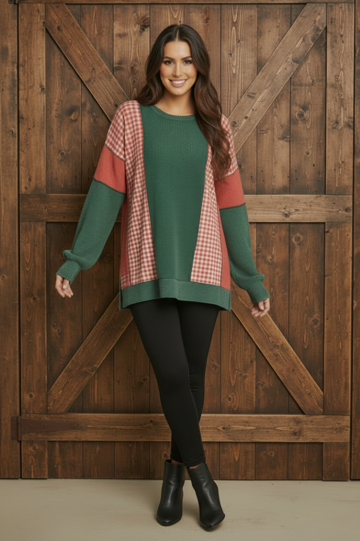 ROUND NECK URBAN RIB PLAID CONTRAST TOP HMET7988