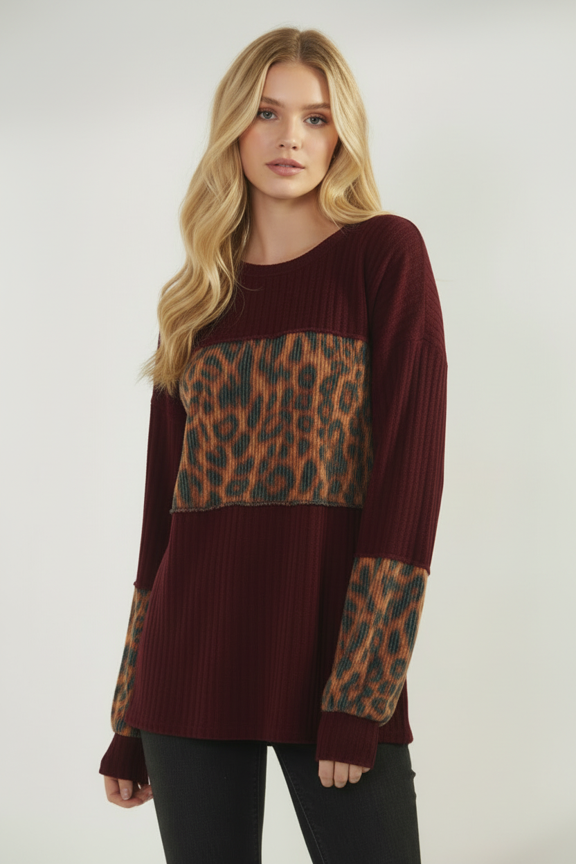 PLUS SIZE URBAN RIB AND ANIMAL PRINT CONTRAST TOP HMET7383