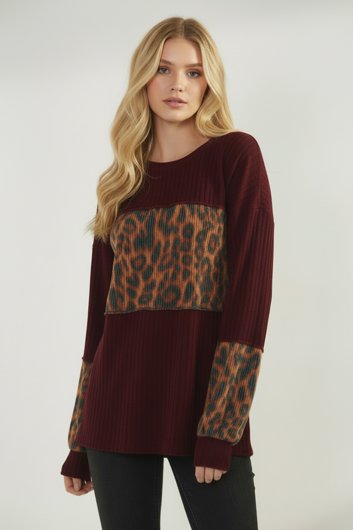 PLUS SIZE URBAN RIB AND ANIMAL PRINT CONTRAST TOP HMET7383