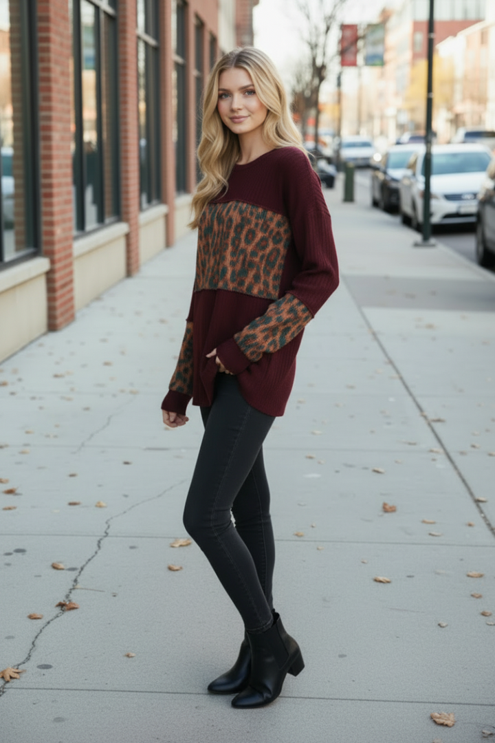 PLUS SIZE URBAN RIB AND ANIMAL PRINT CONTRAST TOP HMET7383