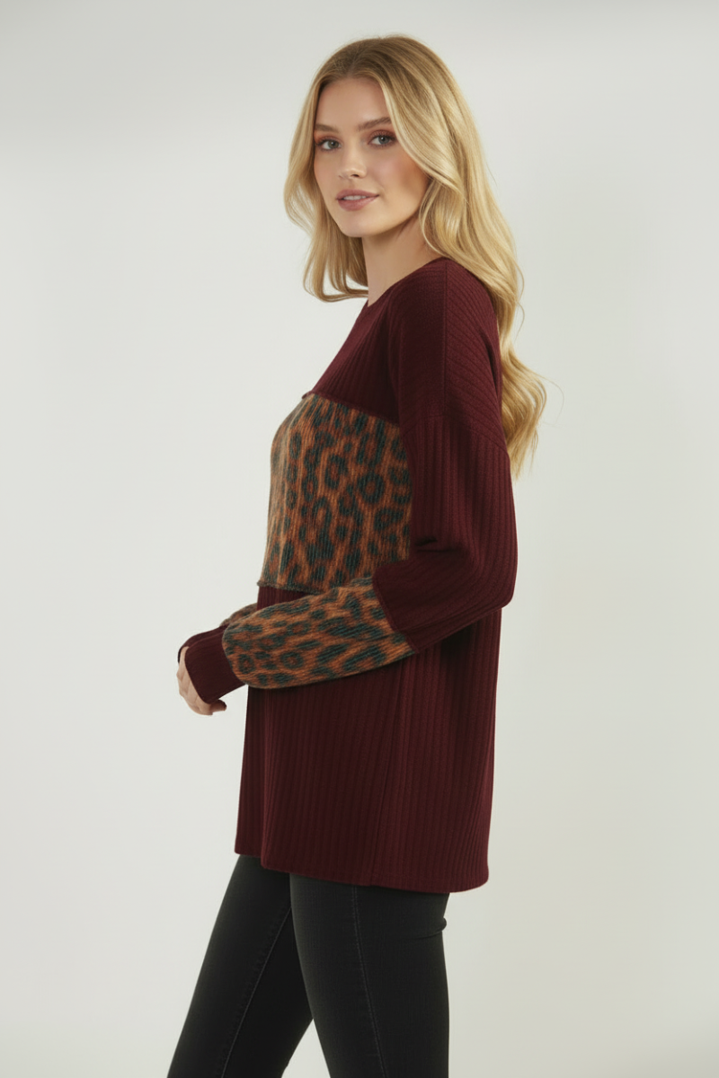 PLUS SIZE URBAN RIB AND ANIMAL PRINT CONTRAST TOP HMET7383