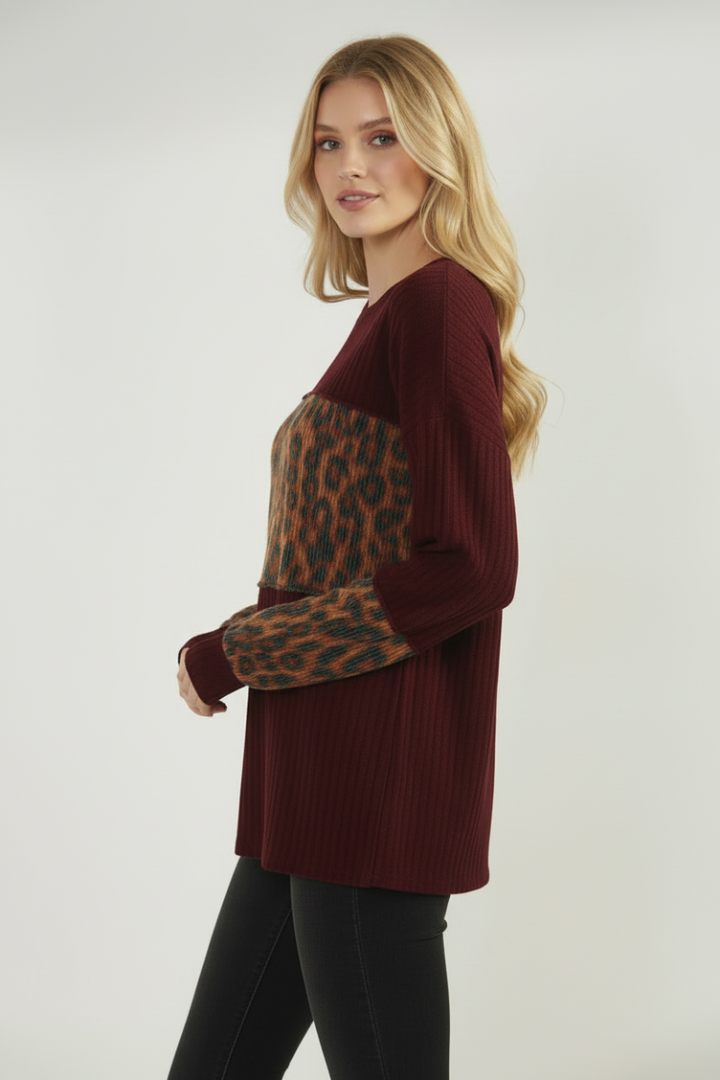 PLUS SIZE URBAN RIB AND ANIMAL PRINT CONTRAST TOP HMET7383