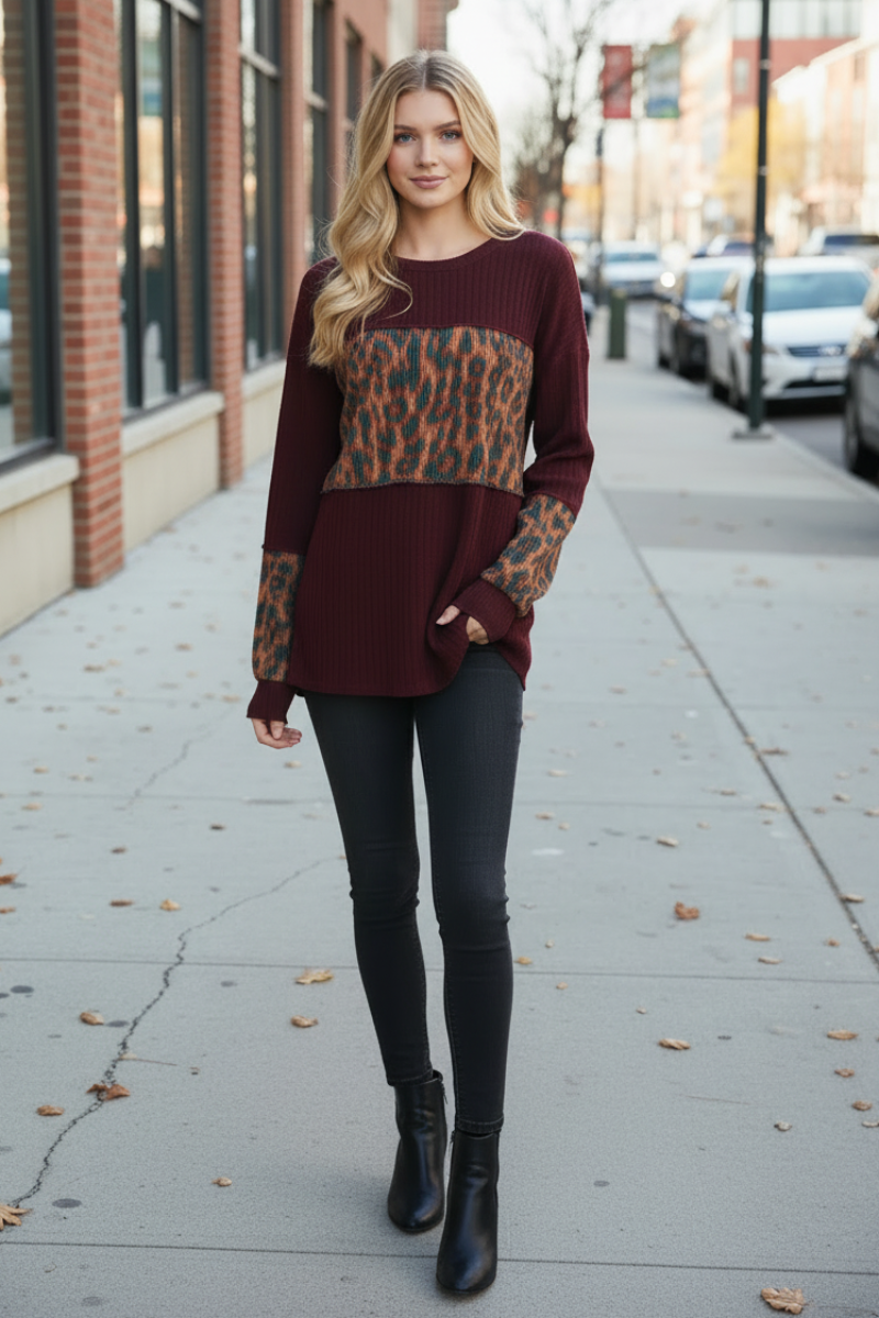 PLUS SIZE URBAN RIB AND ANIMAL PRINT CONTRAST TOP HMET7383