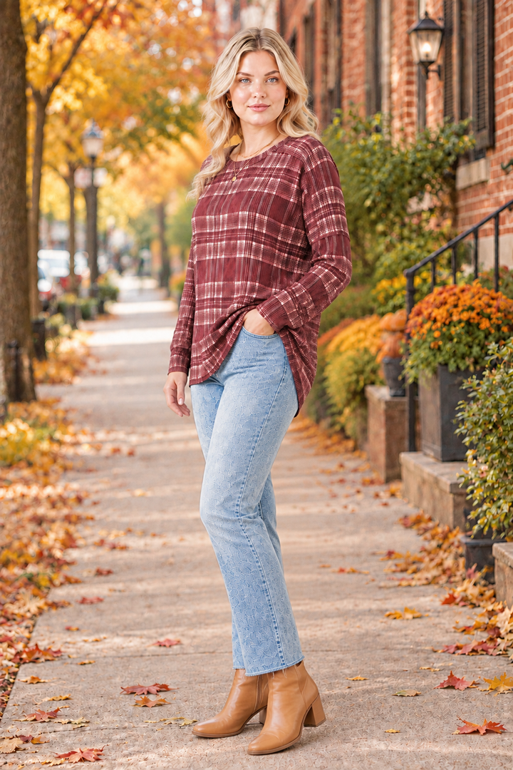 Plaid top, jeans, plus-size blonde model, half-side pose face forward, autumn street background