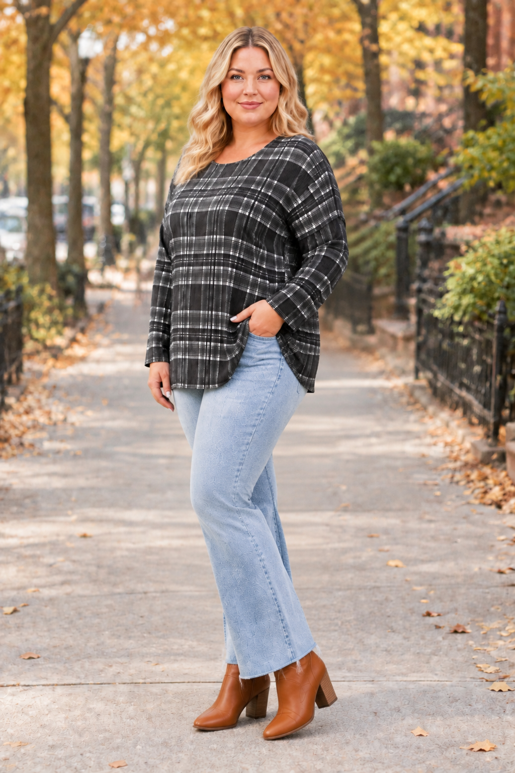 Plaid top, jeans, plus-size blonde model, half-side pose face forward, autumn street background