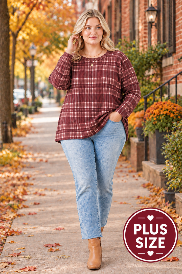 Plaid top, jeans, plus-size blonde model, new pose, autumn street background