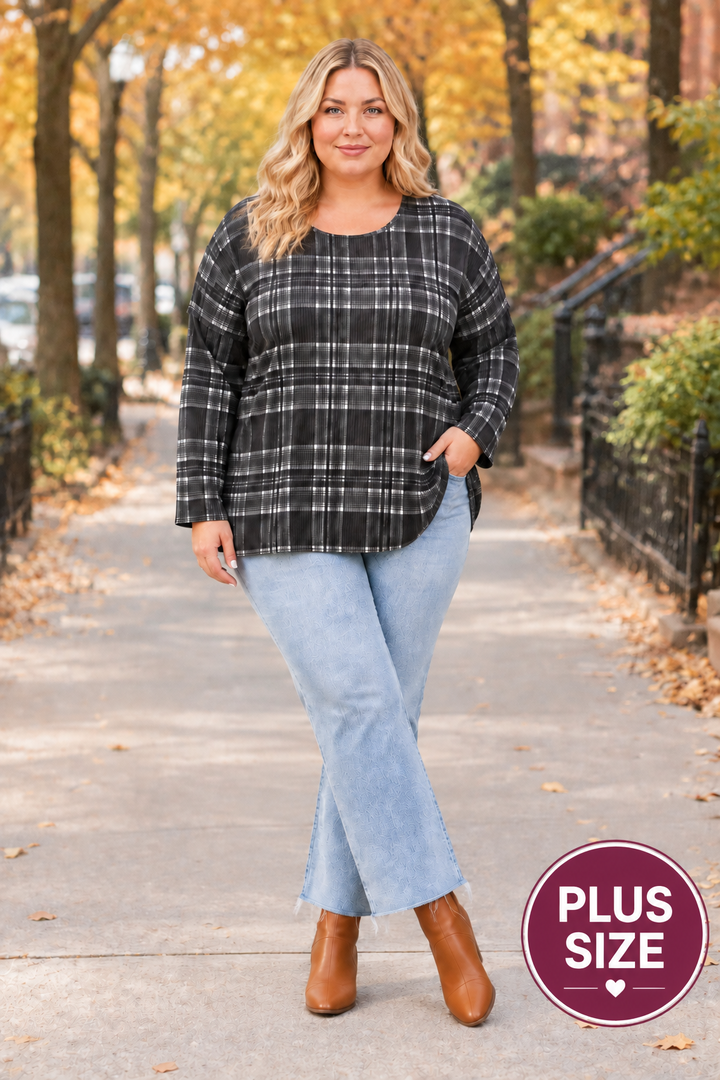 Plaid top, jeans, plus-size blonde model, new pose, autumn street background