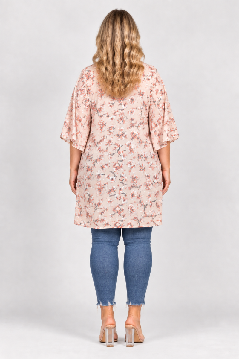 TAN SPRING FLORAL OPEN FRONT PLUS SIZE CARDIGAN J7004-