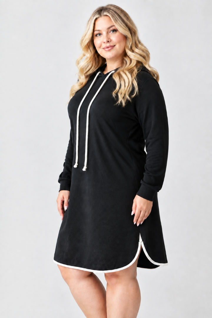 PLUS SIZE DRAWSTRING HOODIE W/ BINDING DETAIL MINI DRESS HMED6798