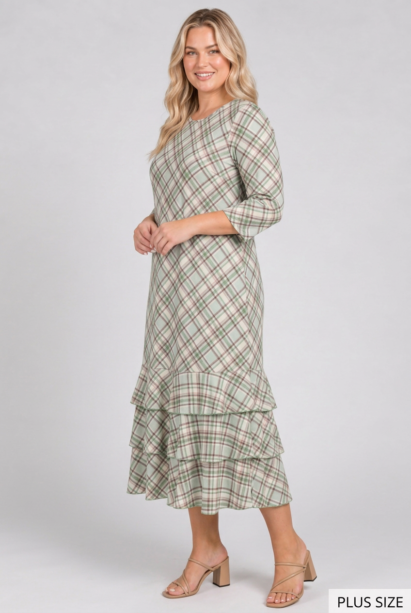 Plus-size blonde model in a distinct side pose wearing the green plaid dress