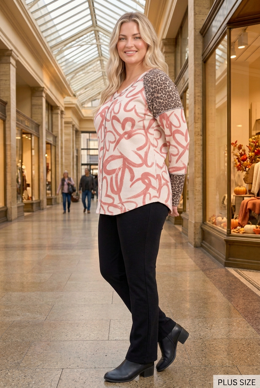 Plus-size blonde model in a half-side shopping arcade pose