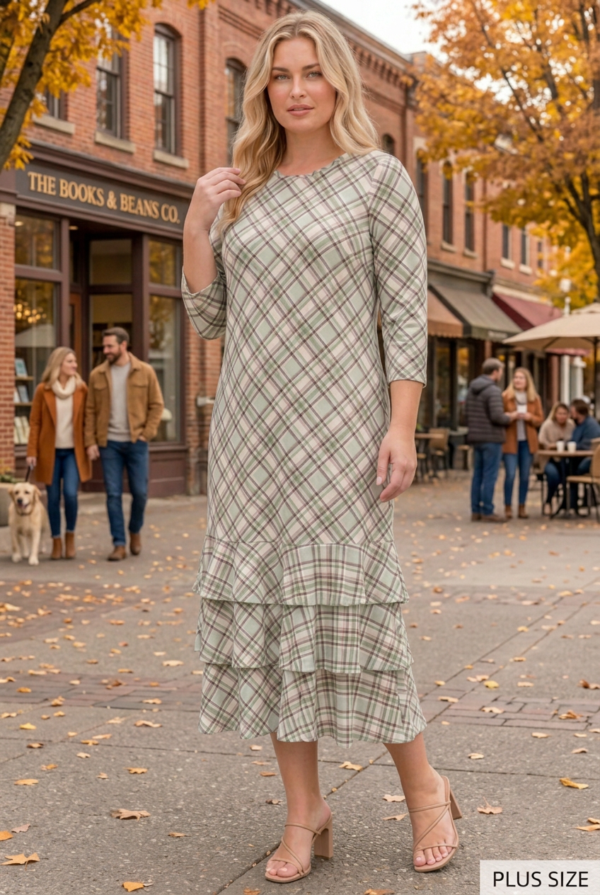 Plus-size blonde model in a new half-side autumn pose