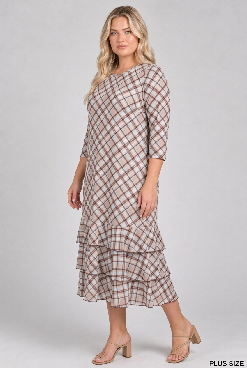 Plus-size blonde model in a side pose wearing the plaid dress
