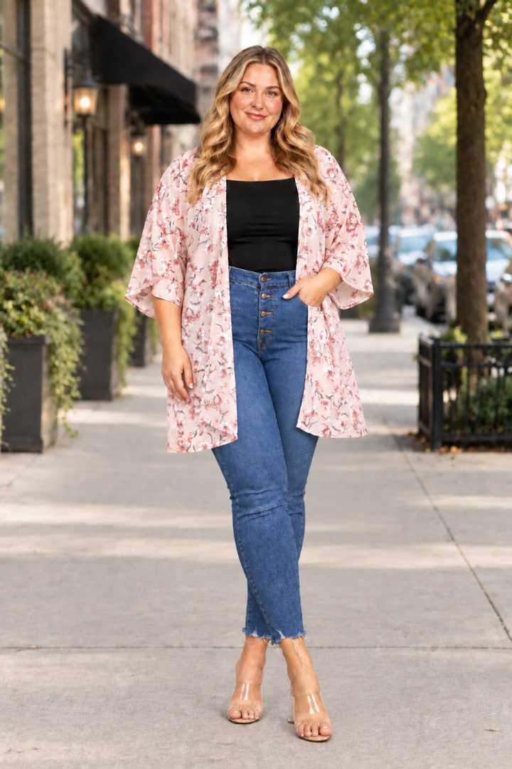TAN SPRING FLORAL OPEN FRONT PLUS SIZE CARDIGAN J7004-