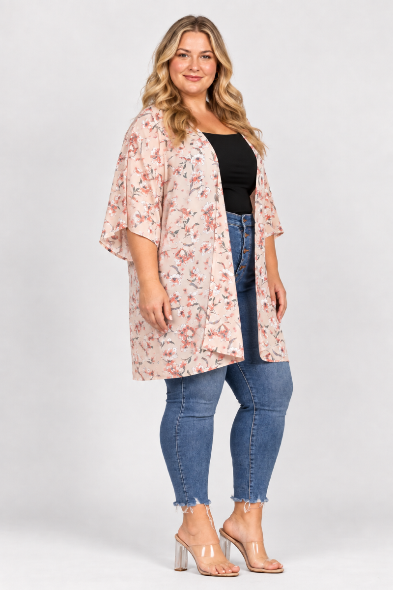 TAN SPRING FLORAL OPEN FRONT PLUS SIZE CARDIGAN J7004-