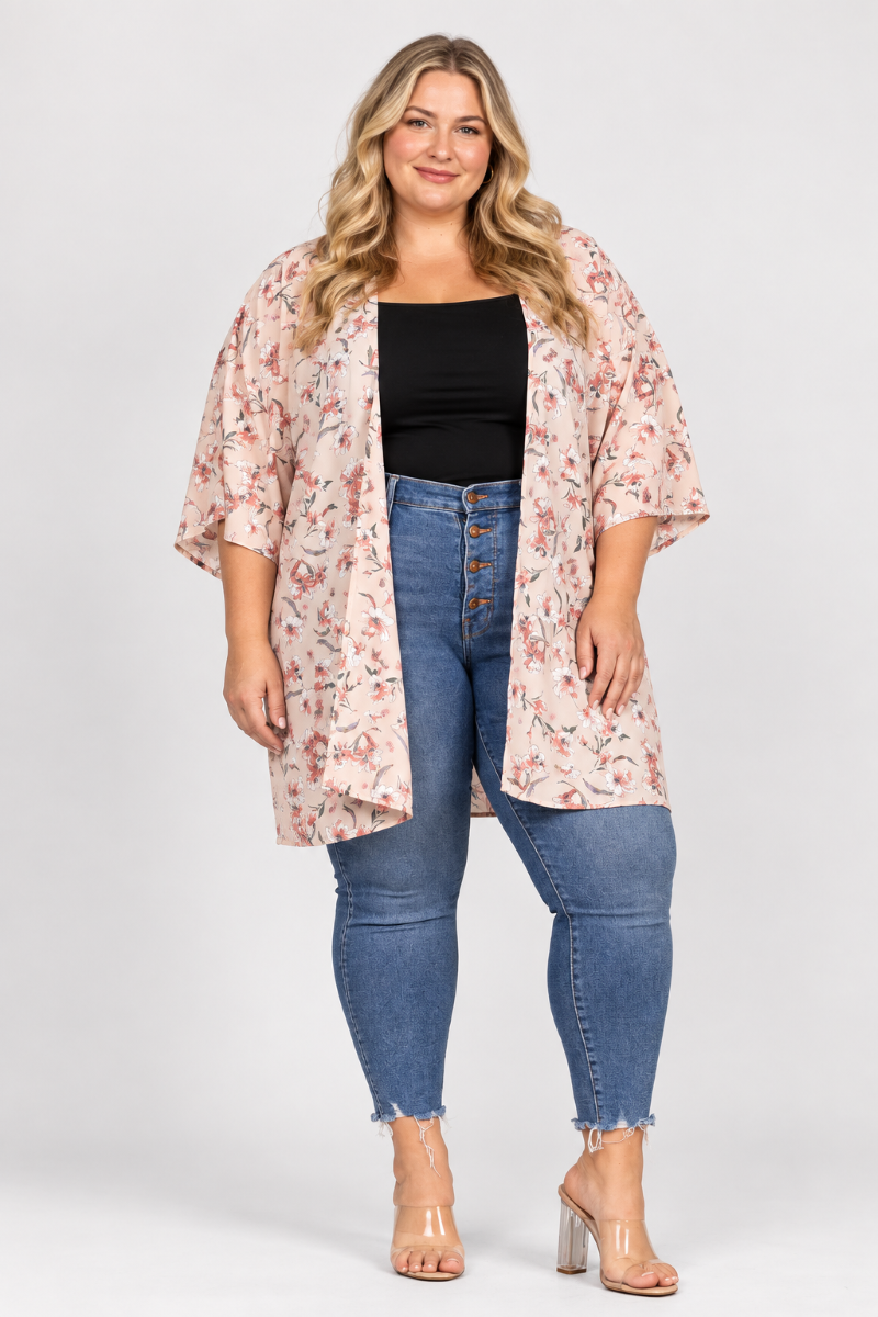 TAN SPRING FLORAL OPEN FRONT PLUS SIZE CARDIGAN J7004-