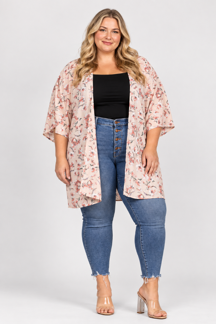 TAN SPRING FLORAL OPEN FRONT PLUS SIZE CARDIGAN J7004-
