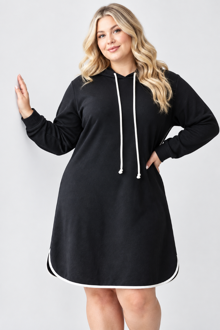 PLUS SIZE DRAWSTRING HOODIE W/ BINDING DETAIL MINI DRESS HMED6798