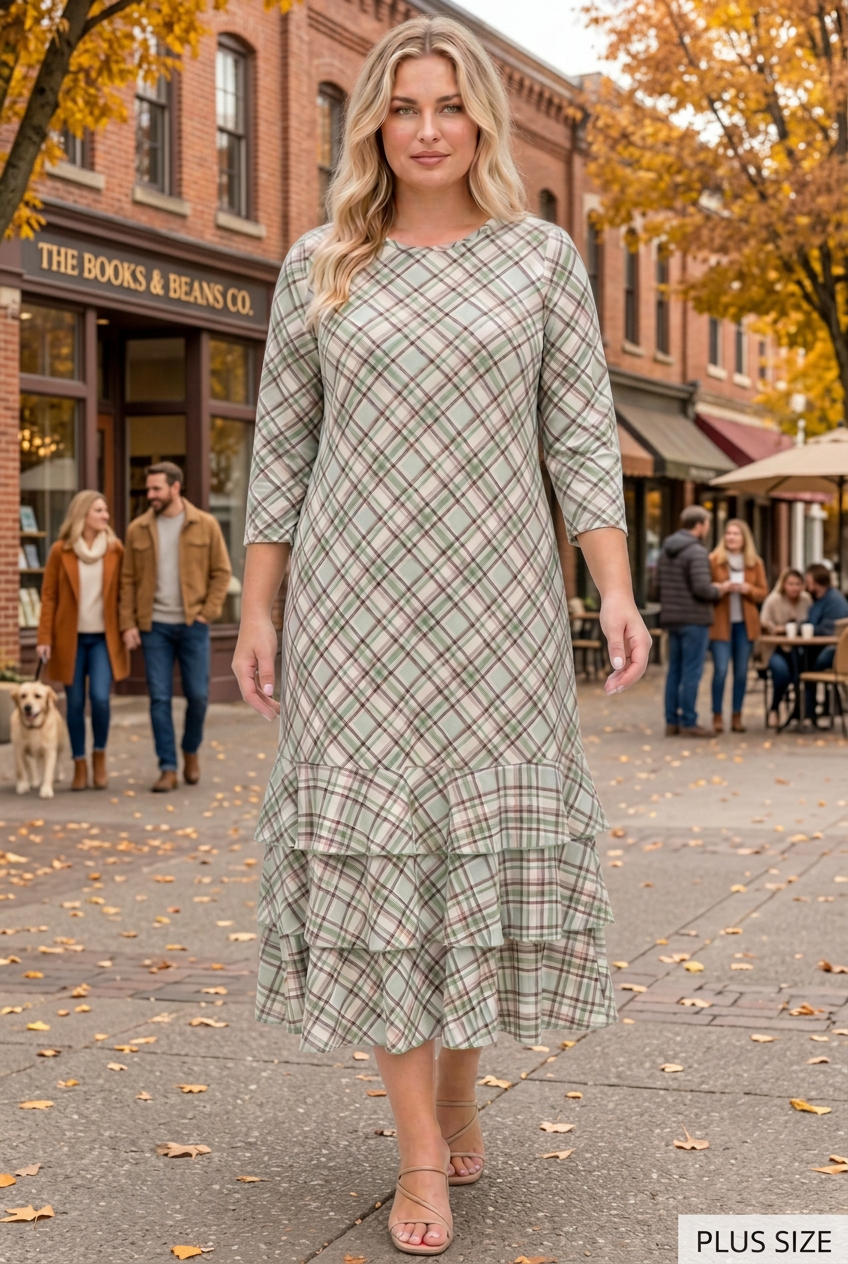 Plus-size blonde model wearing the green plaid dress in an autumn town square