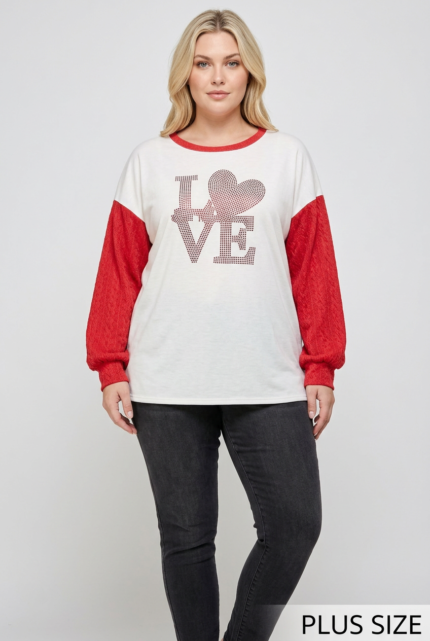 Plus-size blonde model wearing the LOVE top with PLUS SIZE label