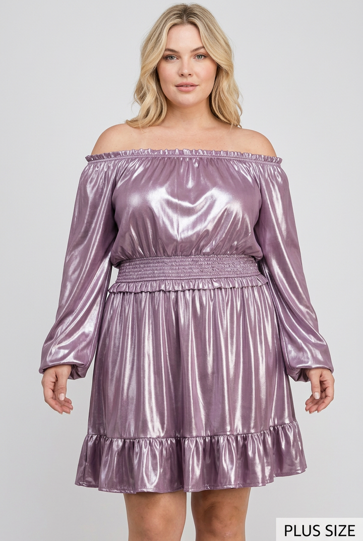 Plus-size blonde model wearing the metallic lilac off-shoulder dress