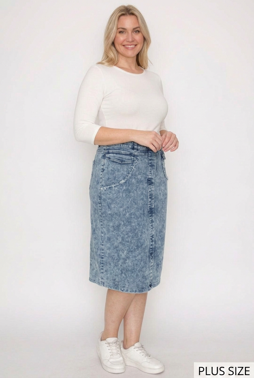 Plus-size blue skirt side studio view