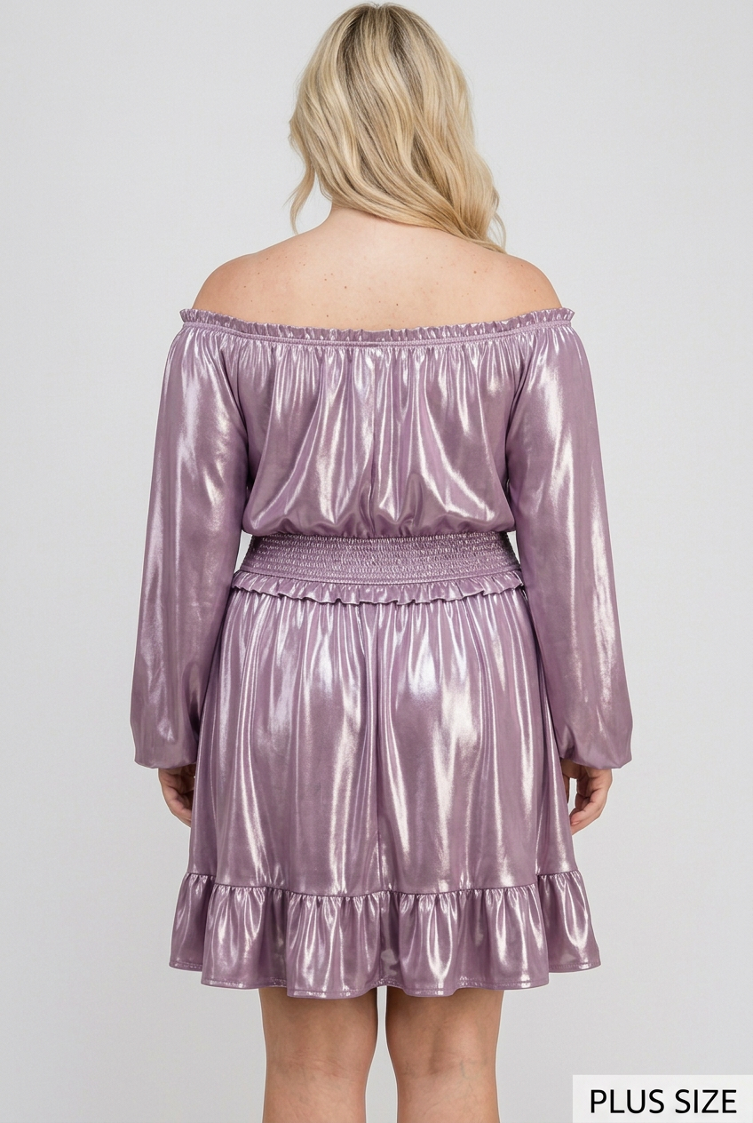 Plus-size full-back studio view of the metallic lilac dress