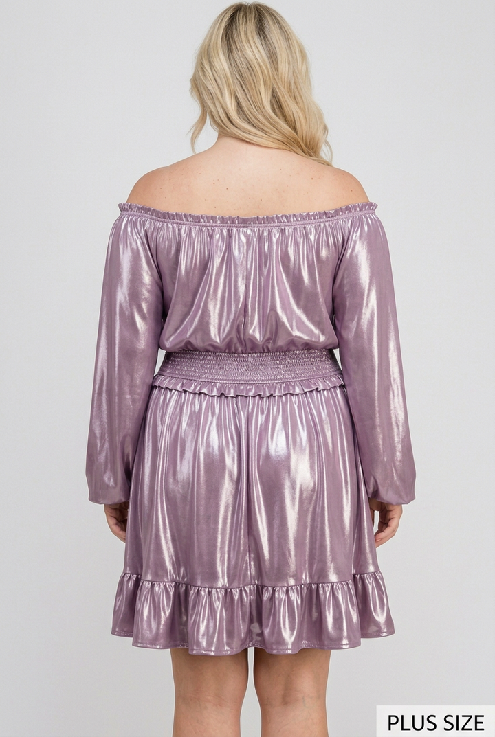 Plus-size full-back studio view of the metallic lilac dress