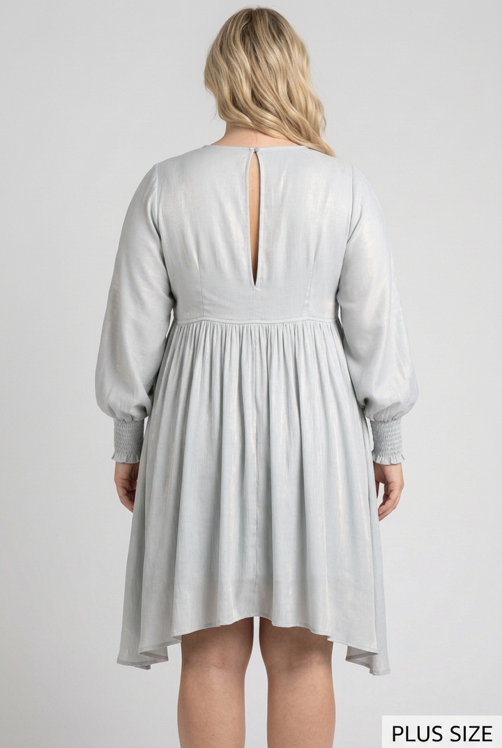 Plus-size full-back studio view of the pale blue-gray dress
