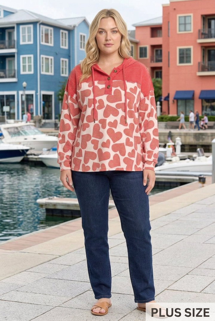 Plus-size full-body front view at a colorful waterfront with PLUS SIZE label