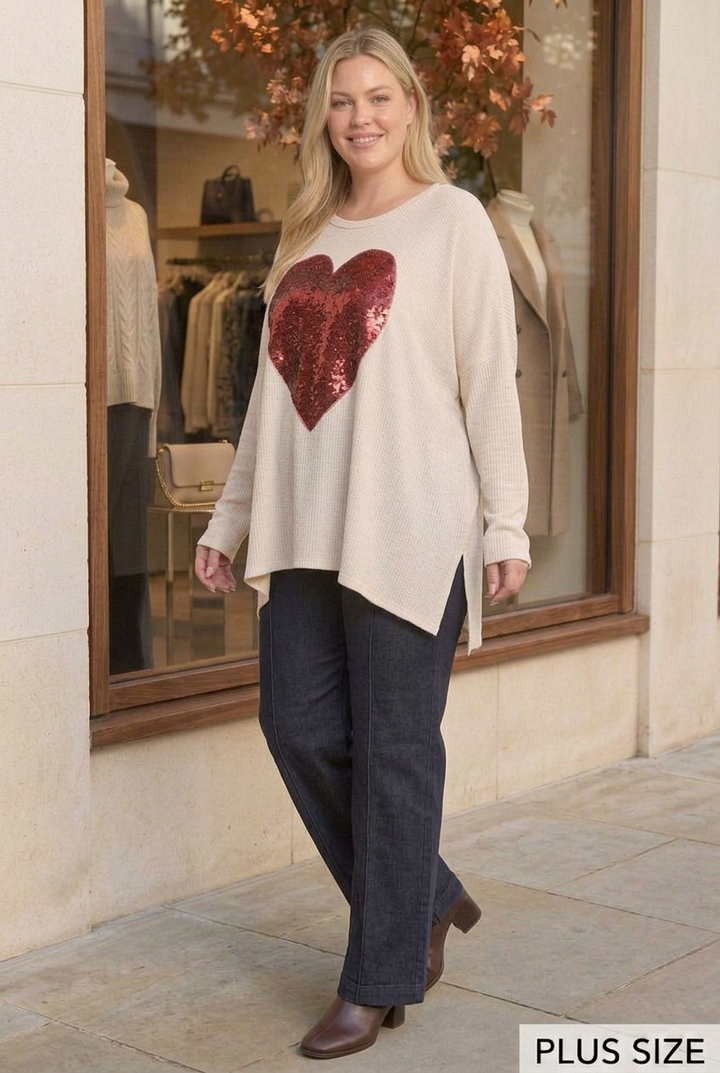 Plus-size half-side pose in the approved boutique sidewalk setting