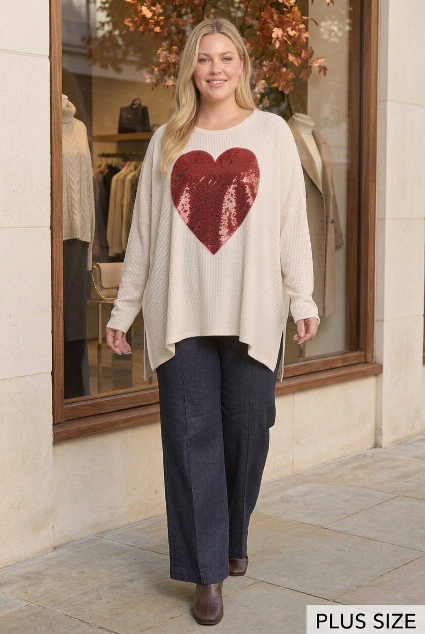 Plus-size model farther from the boutique window with more sidewalk visible