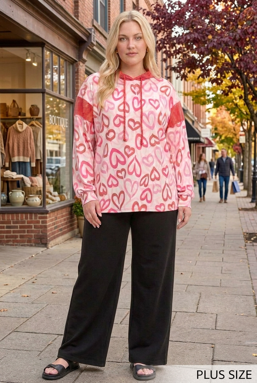 Plus-size model in an autumn shopping-street setting