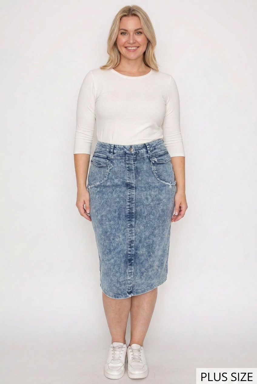 Plus-size model with a different face wearing the blue denim skirt