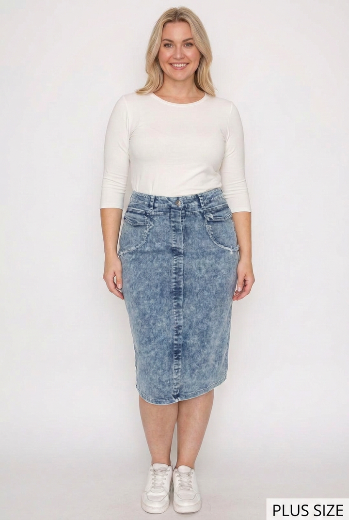 Plus-size model with a different face wearing the blue denim skirt