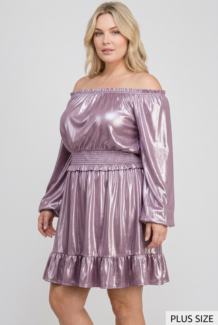 Plus-size side studio pose wearing the metallic lilac dress