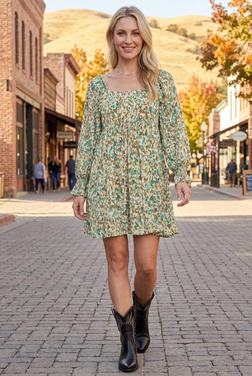 Printed mini dress front lifestyle view