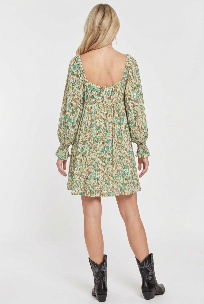 Printed mini dress full-back studio view